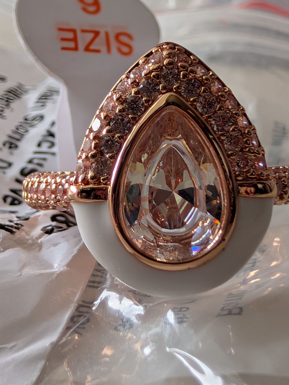 Bomb Party Diamond CZ With Enamel On Rose Gold Ring - Size 6.